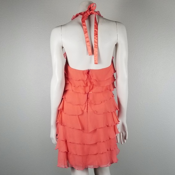 Alice + Olivia Coral Silk Chiffon Ruffle Tiered Halter Mini Party Dress Size M - Picture 6 of 11